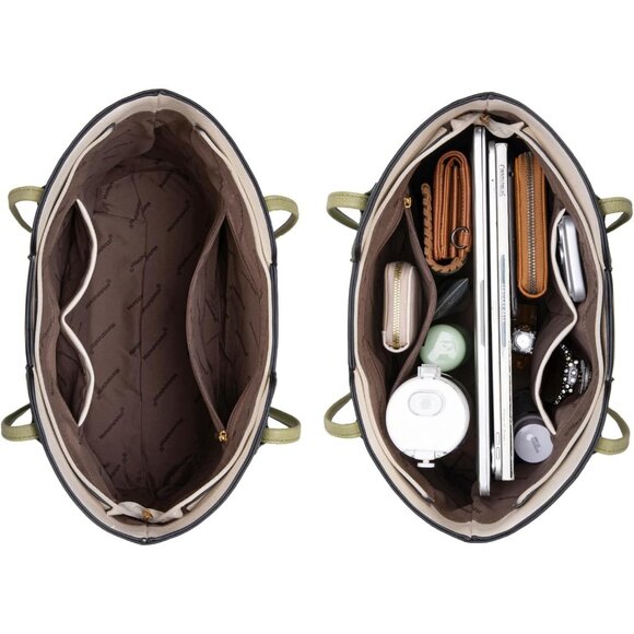 Women Beige With Green Imported Vegan Leather Medium Top Handle Satchel Tote Bag - Picture 5 of 6